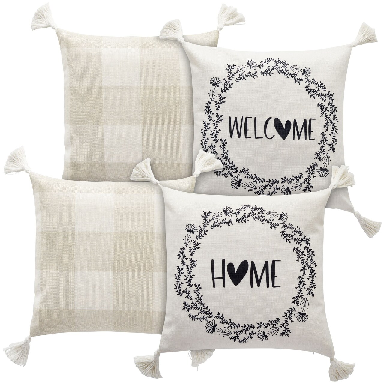 Set of 4 Plaid Throw Pillow Covers, 18x18 Inch Decorative Farmhouse Pillow Cases with Printed Designs and Tassels